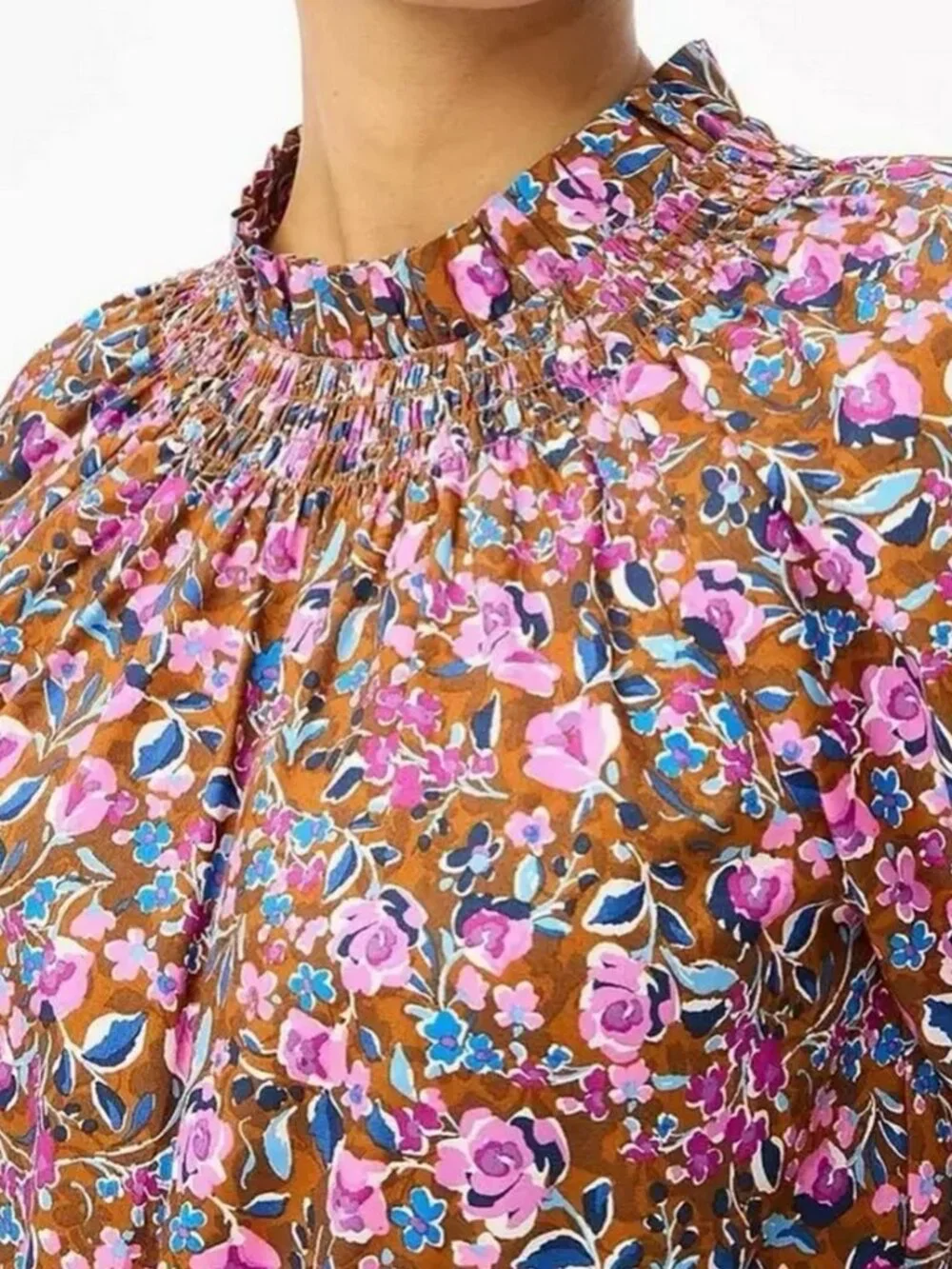 J. Crew Floral Smocked Neck 3/4 Sleeve CottonTop